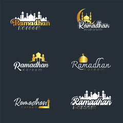 Set of A simple design Ramadan Kareem English calligraphy lettering greeting text banner on black background.