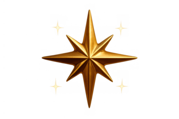 Golden compass rose or nautical star with eight points and small sparkles, ideal for christmas, new year, and holiday design elements