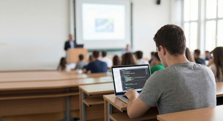 Students attentively listening to a lecture in an auditorium, with a speaker presenting at the front, showcasing an engaging educational environment and collaborative learning experience