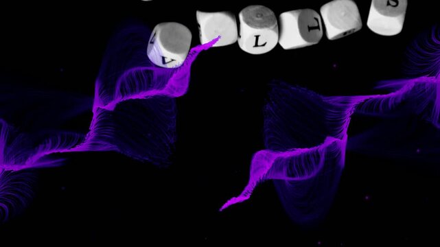 Black frame starting, purple ribbons curling and white cubes entering, rotating to form text row