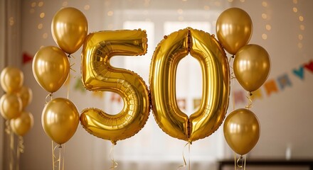 Golden balloons displaying the number 50 for a celebration party