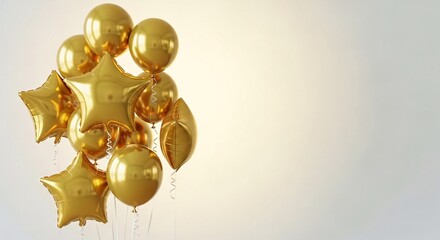 Golden balloons floating against neutral background with copy space