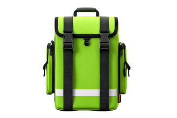 Bright green backpack with black straps and white stripe