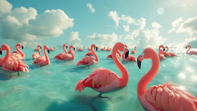 A flock of pink flamingos swimming gracefully in the water under a bright blue sky with clouds.