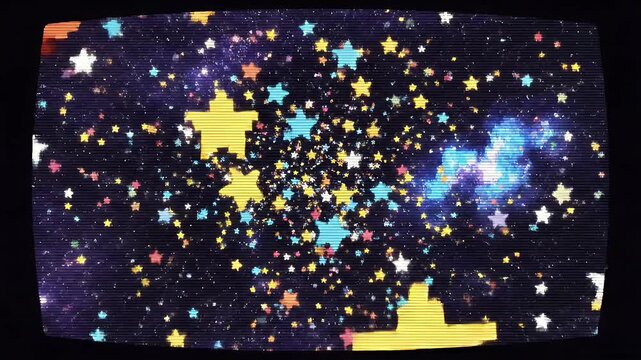 Retro 8-bit pixel art stars flying through outer space on a vintage CRT monitor screen in a loopable arcade game style motion graphic footage.