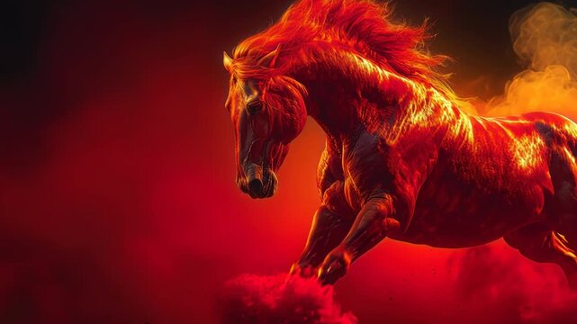 Red horse galloping through vibrant clouds celebrating Chinese New Year 2026 in a dazzling display of color and energy