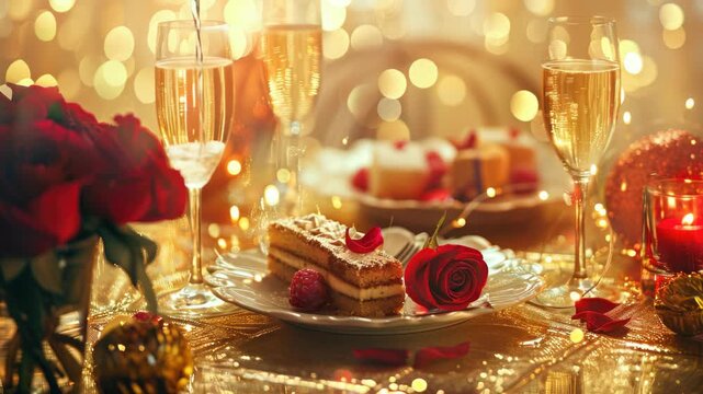 Elegant table setting for a special occasion or celebration with candles and rose petals.