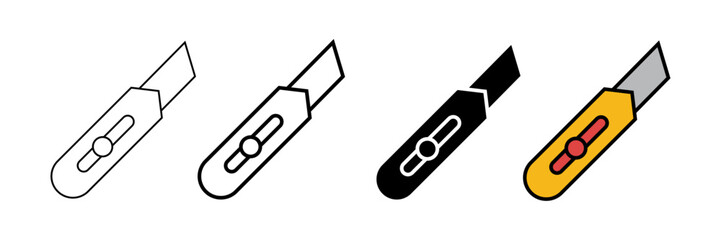 Set of minimalist utility knife icons with transparent background, depicting sharp cutting tools for office supplies, crafting, and industrial use, vector illustration