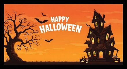 Happy halloween greeting with haunted house and silhouetted elements