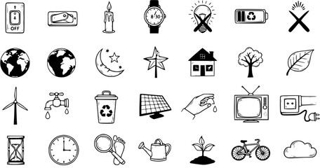 Diverse Hand-Drawn Icons for Environmental Protection and Energy Saving Concepts