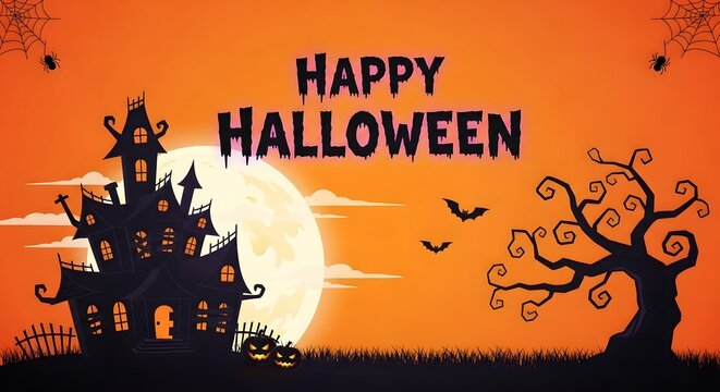 Happy halloween greeting with haunted house silhouette and full moon - Powered by Adobe