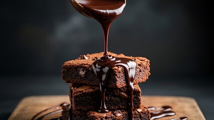 Delicious Chocolate Cake with Drizzled Sauce on Wooden Board