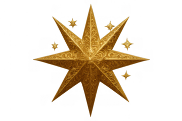 Golden ornate eight-pointed star with delicate filigree pattern and small surrounding stars, holiday decoration on transparent background