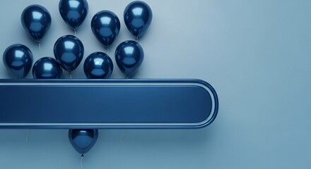 Metallic blue balloons and rectangular frame on light blue background