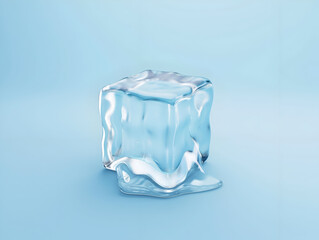 Obraz premium A melting ice cube on a serene blue background, symbolizing refreshment and the joy of cool beverages in warm weather.