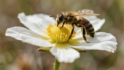 Honeybee collecting pollen from a white flower with yellow center