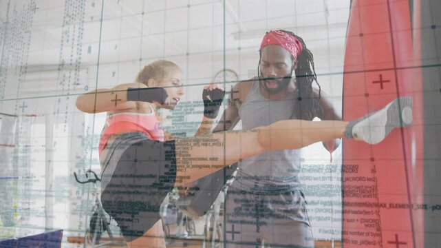 Trainer cueing pads and signaling bag, trainee throwing punches then front kick for boxing training