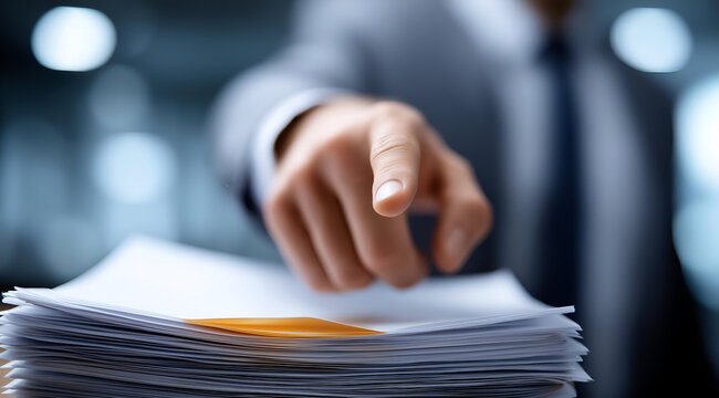 A focused business professional pointing at important documents, emphasizing critical information in a corporate setting.