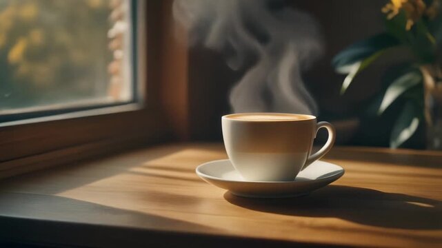 Steaming cup of coffee on a wooden table by the window.