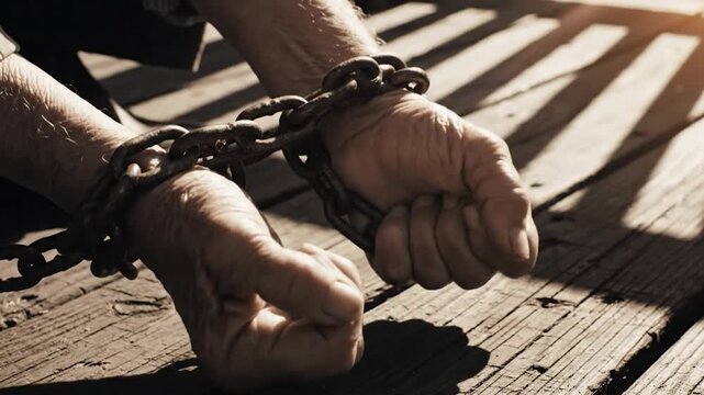 Hands chained on wood floor with dramatic sunlight and shadows