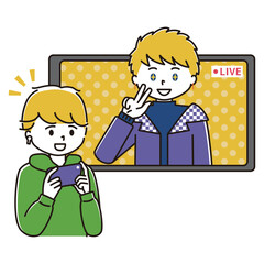 ライブ配信をする男性アイドルを推す男性のイラスト
