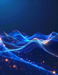 深い青の背景上に、金融アルゴリズムを連想させる層状の発光ラインと幾何パターンが重なり合い、AIの動的なデータフローが抽象的に可視化された未来的テックビジュアル。繊細な粒子が高精度テクノロジー感を演出し、クリーンでビジネス向けの印象を形成。