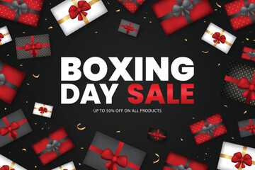 Boxing Day Mega Sale Banner with Black Background and Gifts