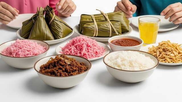 Indonesian Traditional Food Lontong, Klepon, Lemper, Soto, Fried Noodles, Rice, Sambal, Dining Together, Close Up