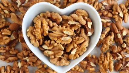 Heart shaped bowl filled with fresh walnuts surrounded by more walnuts