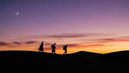 Fototapeta premium Silhouetted Travelers Walking Across Desert Dune at Sunset with Crescent Moon