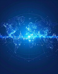 Fototapeta premium 青い背景の前に未来的な金融ホログラムが浮かび、発光する世界地図と金融ネットワークの光ラインが国際経済データ解析を象徴的に可視化。AIがグローバル指標を解析する様子をホログラムで表現し、デジタル粒子が高精細なテクノロジー感を演出。
