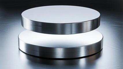 Stacked metallic circular platforms on a reflective surface