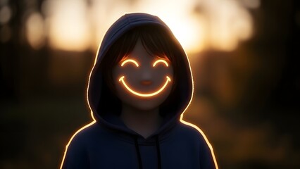 Glowing smiley face of a child in a hoodie at sunset