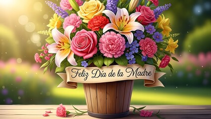 Vibrant bouquet of flowers in a wooden pot on a table with a banner reading 'Feliz D&iacute;a de la Madre' in a sunny garden with a warm and festive mood.