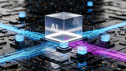 A dynamic visualization of Artificial Intelligence, featuring a central illuminated AI cube on a futuristic circuit board. Vibrant blue and purple data streams connect a network of processors