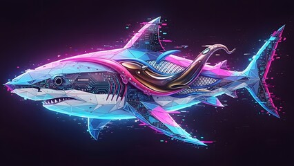 Vibrant neon illustration of a shark with swirling pink and blue lines on a dark background.