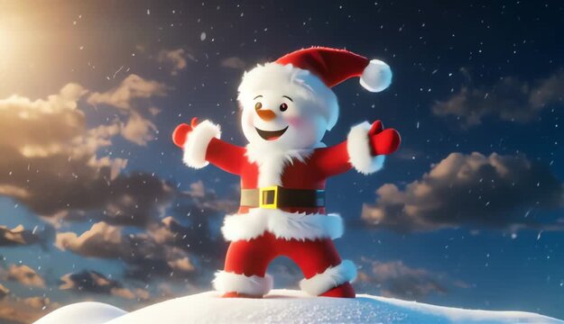 &ldquo;Create a cute cartoon character made entirely of snow, shaped like a snowman, wearing a Santa Claus red outfit with white fur trim and a matching Santa cap. 