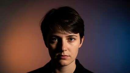Portrait of a young woman with short hair in dramatic lighting against a colorful background.