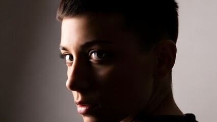 Close-up portrait of a young woman with a contemplative expression in a dimly lit room with a neutral background.