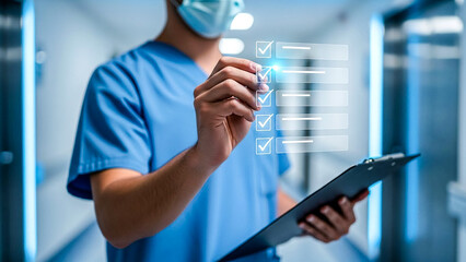 A medical professional in blue scrubs and a face mask meticulously checks off tasks on a futuristic digital checklist. This image symbolizes advanced technology in modern healthcare, promoting