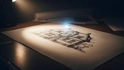 A detailed architectural drawing illuminated by a desk lamp on a wooden table in a dark room.