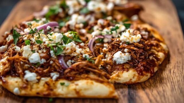 A deliciously topped flatbread with pulled chicken, red onions, and crumbled cheese served on a wooden board, showcasing a rustic kitchen background with natural lighting