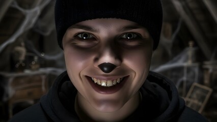 Close-up portrait of a young man with a black nose and dark eye makeup smiling in a spooky room with cobwebs and a dark atmosphere.