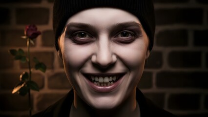 Close-up portrait of a smiling man with white face paint and a red rose against a brick wall with cinematic lighting.
