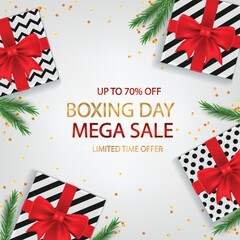 Boxing Day Mega Sale Banner with Decorative Leaves and Gifts