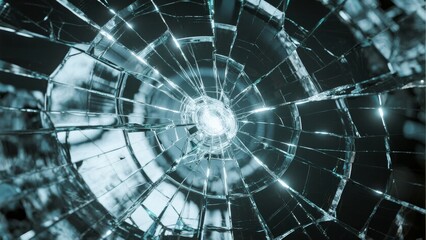 Close-up of shattered glass with radial cracks and reflective fragments