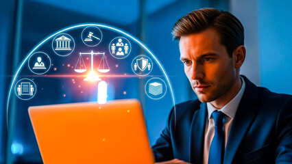 A focused businessman or legal professional in a sharp suit works intently on an orangehued laptop, surrounded by a luminous digital interface of legal icons. The abstract blue background with