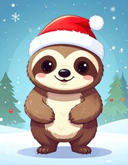 Obraz premium A cheerful sloth in a Santa hat, surrounded by snowy trees, embodying a festive and playful holiday spirit.