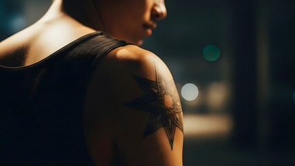 Close-up shot of a woman's shoulder with a tattoo in a dark setting with bokeh lights.