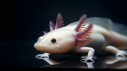 Close-up portrait of an albino axolotl with pink gills on a dark reflective surface with shallow depth of field.